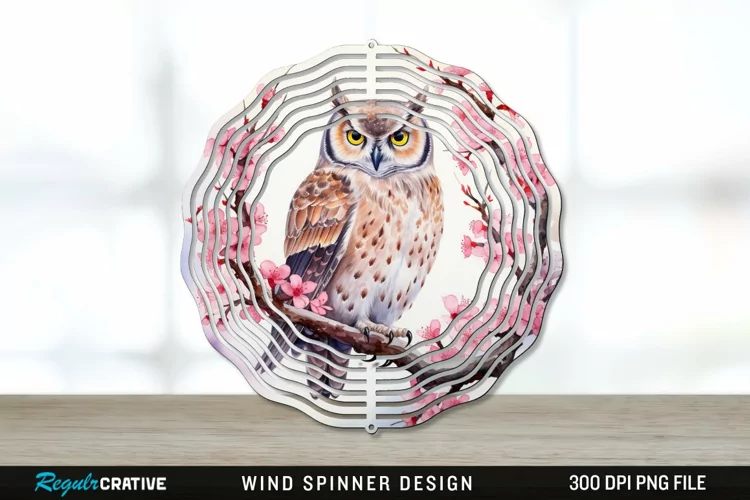 Japanese Watercolor Owl Wind Spinner Sublimation PNG Design