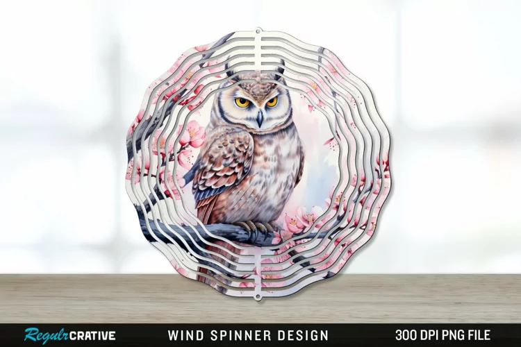 Japanese Watercolor Owl Wind Spinner Sublimation PNG Design