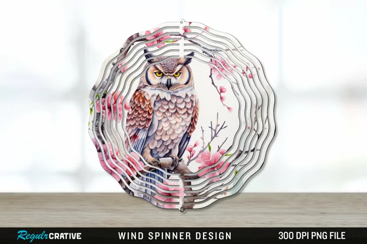 Japanese Watercolor Owl Wind Spinner Sublimation PNG Design