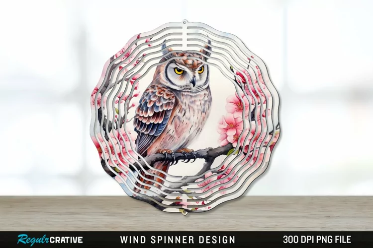 Japanese Watercolor Owl Wind Spinner Sublimation PNG Design