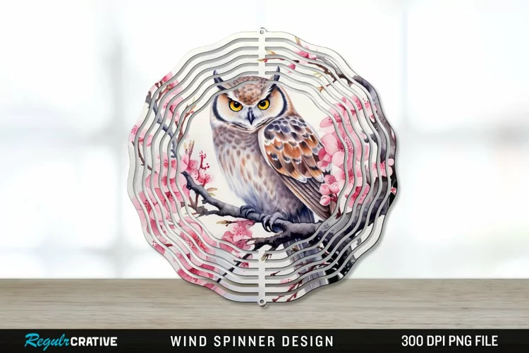 Japanese Watercolor Owl Wind Spinner Sublimation PNG Design