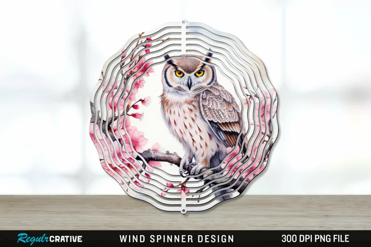 Japanese Watercolor Owl Wind Spinner Sublimation PNG Design