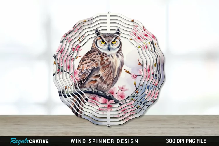 Japanese Watercolor Owl Wind Spinner Sublimation PNG Design