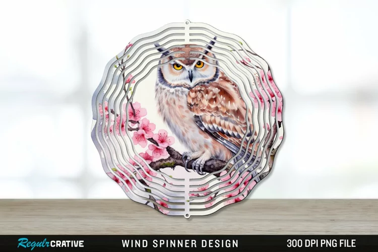 Japanese Watercolor Owl Wind Spinner Sublimation PNG Design