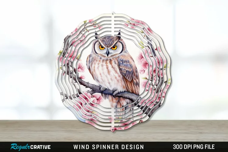 Japanese Watercolor Owl Wind Spinner Sublimation PNG Design
