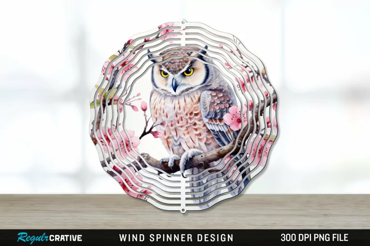 Japanese Watercolor Owl Wind Spinner Sublimation PNG Design