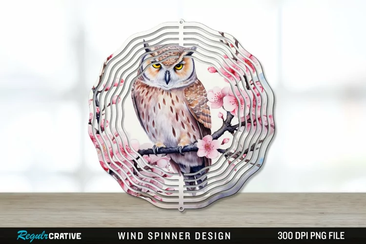 Japanese Watercolor Owl Wind Spinner Sublimation PNG Design