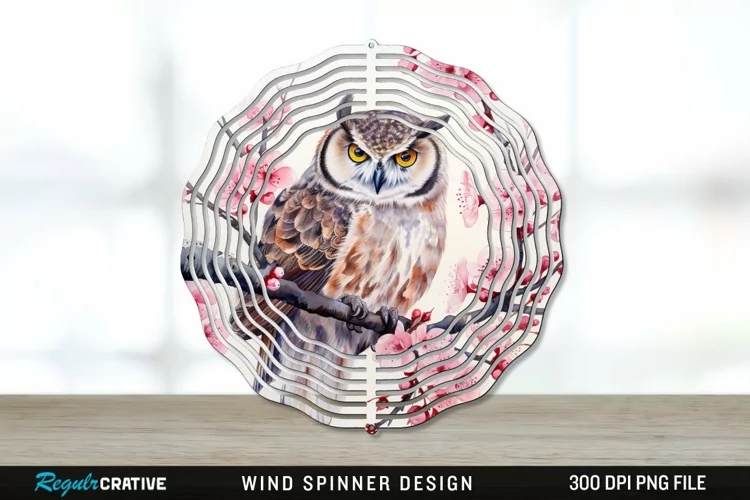 Japanese Watercolor Owl Wind Spinner Sublimation PNG Design