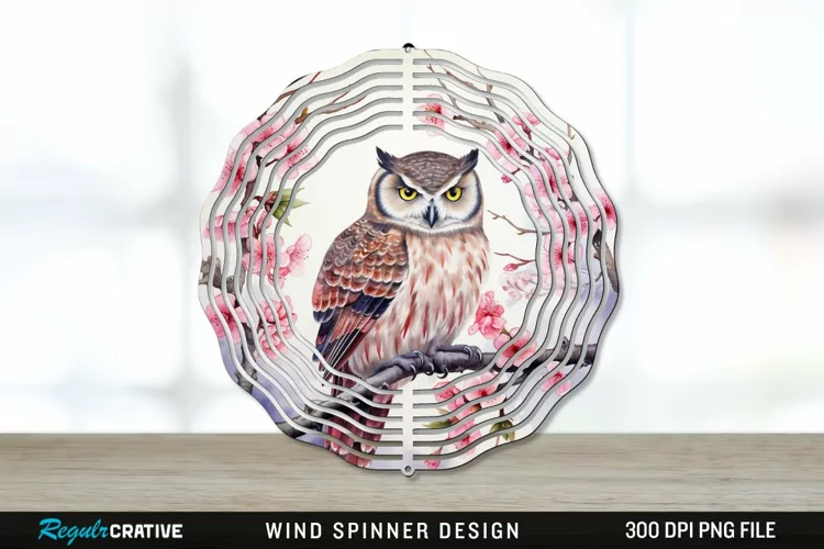 Japanese Watercolor Owl Wind Spinner Sublimation PNG Design