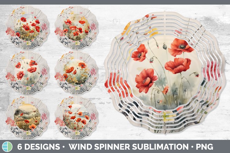Bundle of six Watercolor Poppies Wind Spinner designs.