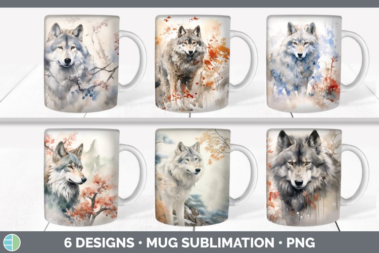 Bundle of six Watercolor Wolves Mug Wrap designs.