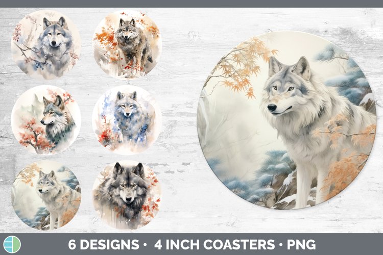 Japanese Watercolor Wolf Round Coaster | Sublimation Coaster