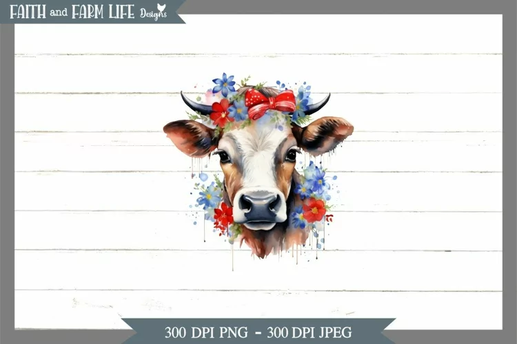 Patriotic Watercolor Jersey Cow JPEG, PNG