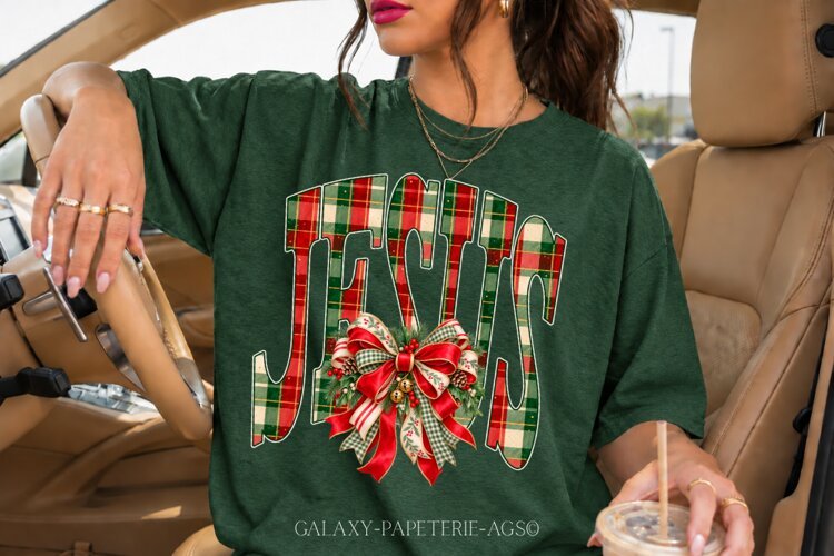 Jesus Christmas PNG | Christian Plaid Bow Design example image 1