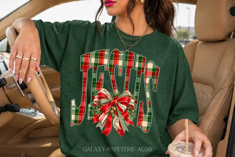 Jesus Christmas PNG | Christian Plaid Bow Design