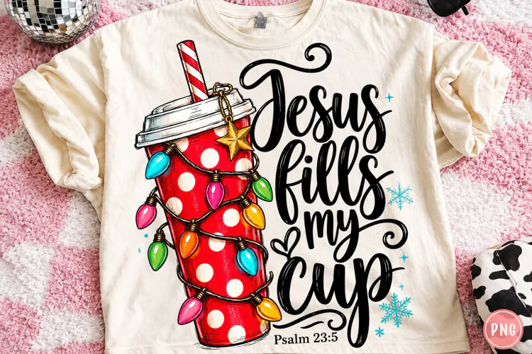 Jesus Fill My Cup PNG, Christmas Tumbler with Holiday Lights