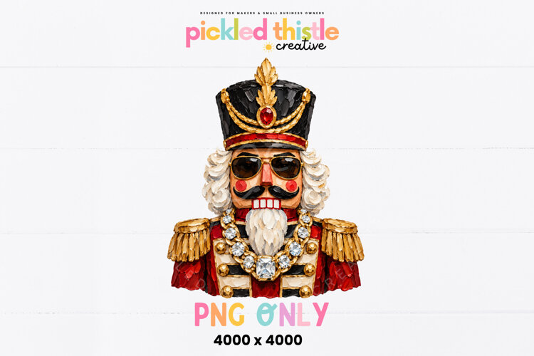 Festive PNG featuring an ornate nutcracker soldier with thick painterly texture, black aviator sunglasses, gold detailing, red accents and a statement jeweled chain.