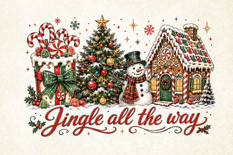 Jingle All The Way Christmas PNG - Gingerbread House Shirt
