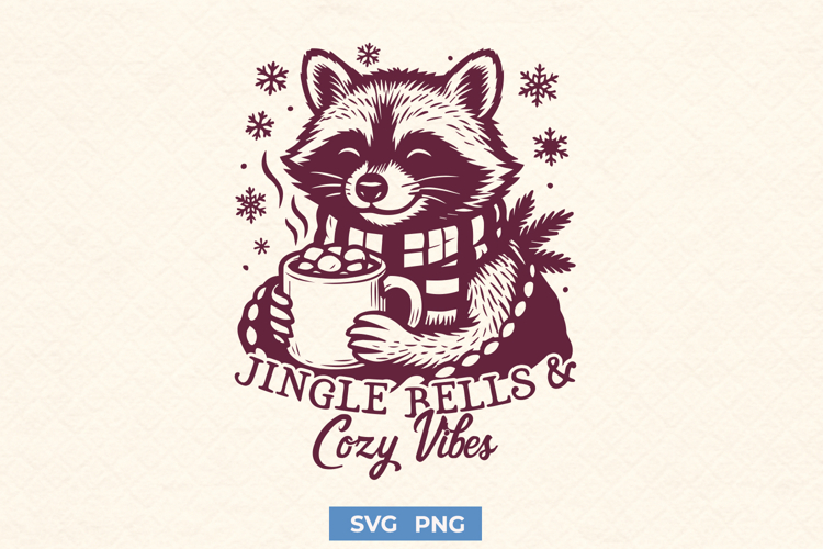 Jingle Bells and Cozy Vibes SVG, Cute Raccoon Christmas PNG