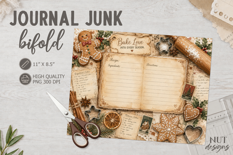 Christmas Recipe Journal Junk Bifold vintage paper textures