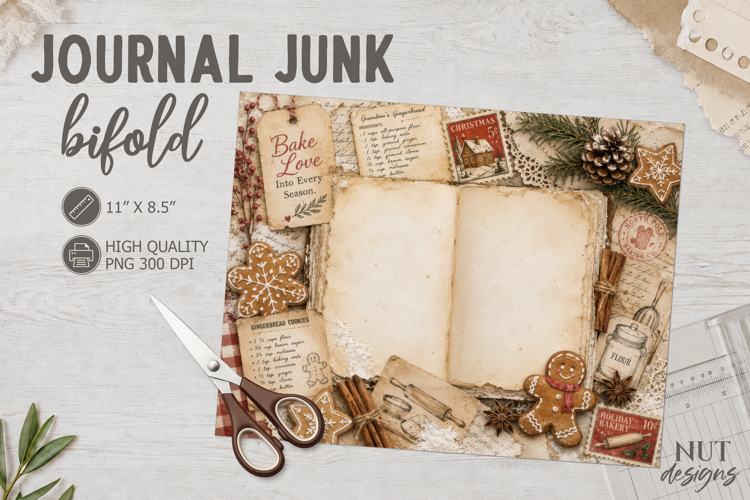 Christmas Baking Journal Junk Bifold vintage paper textures