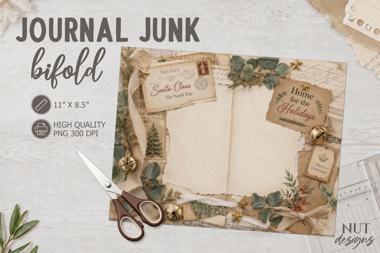 Rustic Vintage Christmas Journal Junk Bifold winter ephemera