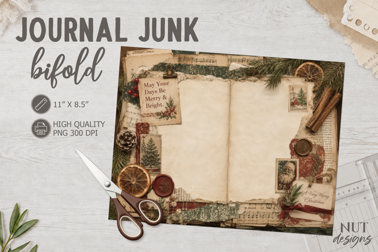 Rustic Vintage Christmas Journal Junk Bifold winter ephemera