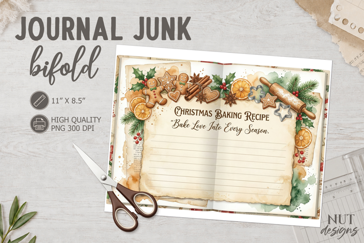 Christmas Recipe Journal Junk Bifold rustic kitchen paper