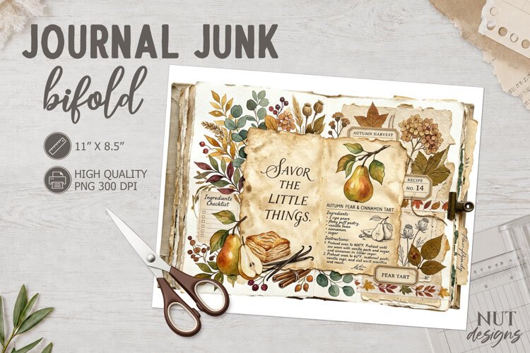 Autumn Pear Tart Junk Journal Bifold Fall digital paper example image 1