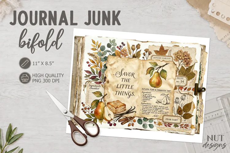 Autumn Pear Tart Junk Journal Bifold Fall digital paper