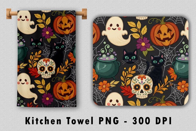 Embroidered Black Cat & Ghost Kitchen Towel PNG example image 1