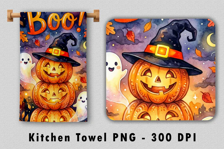 Watercolor Boo Witch Pumpkin Towel PNG