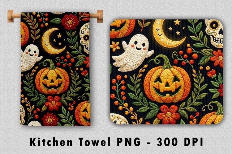 Embroidered Spooky Moon & Ghost Kitchen Towel PNG example image 1