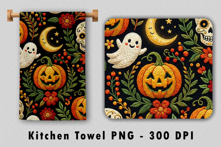 Embroidered Spooky Moon & Ghost Kitchen Towel PNG