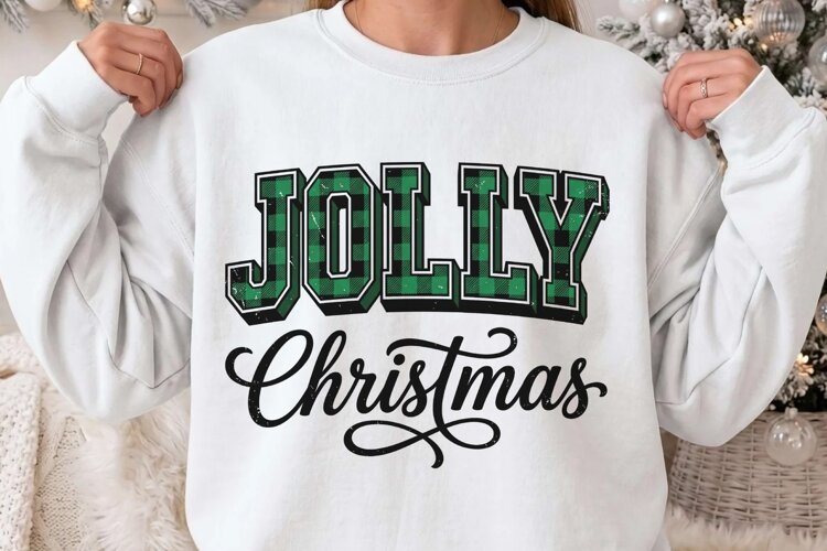Jolly Christmas Buffalo Plaid Green Varsity T-Shirt Design example image 1