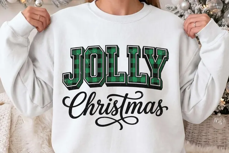 Jolly Christmas Buffalo Plaid Green Varsity T-Shirt Design