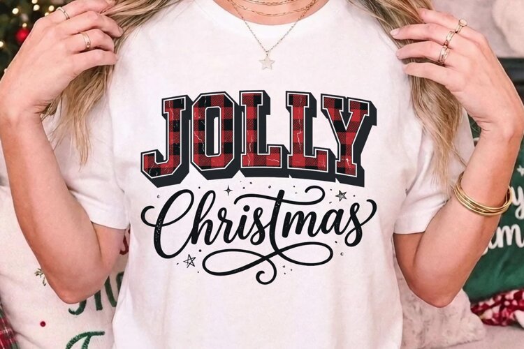 Jolly Christmas Buffalo Plaid Red Varsity T-Shirt Design example image 1