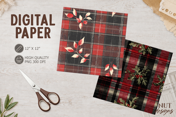 Red Christmas Journal junk grunge plaid Digital Paper