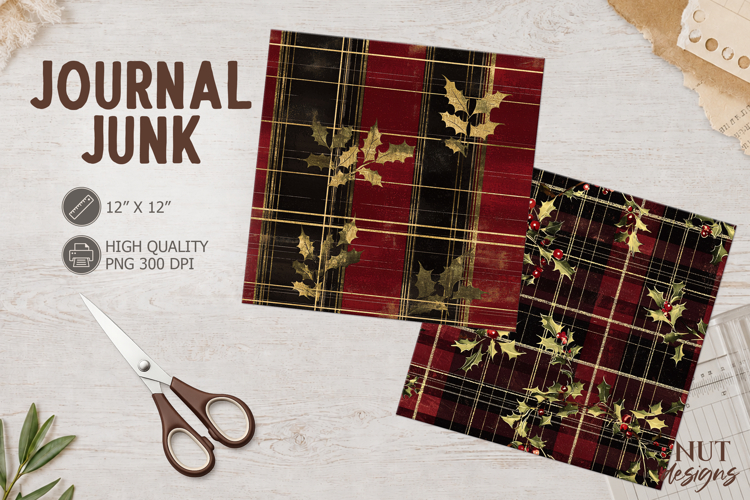 Christmas Holly Plaid Journal Junk vintage Christmas paper