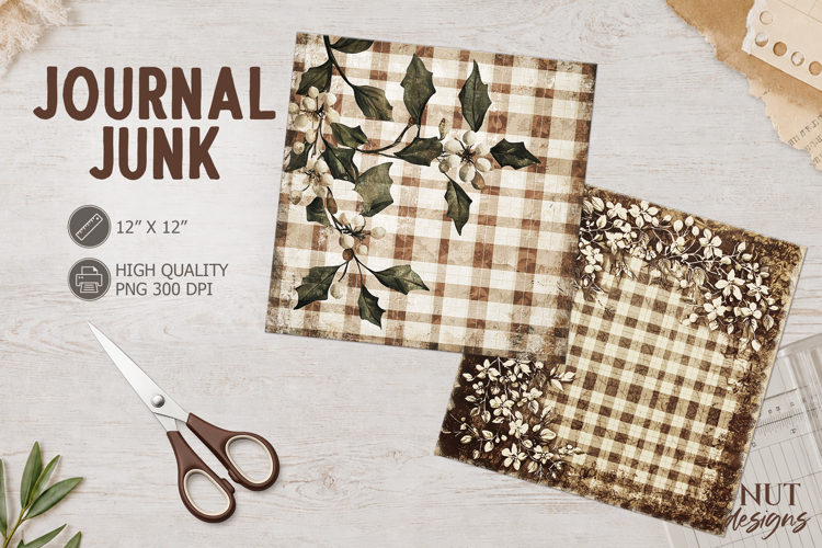 Floral Plaid Journal Junk vintage Christmas digital paper