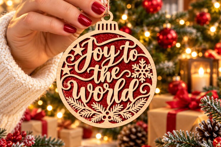 Joy to the World Bauble Laser Cut Wood File, Christmas SVG example image 1