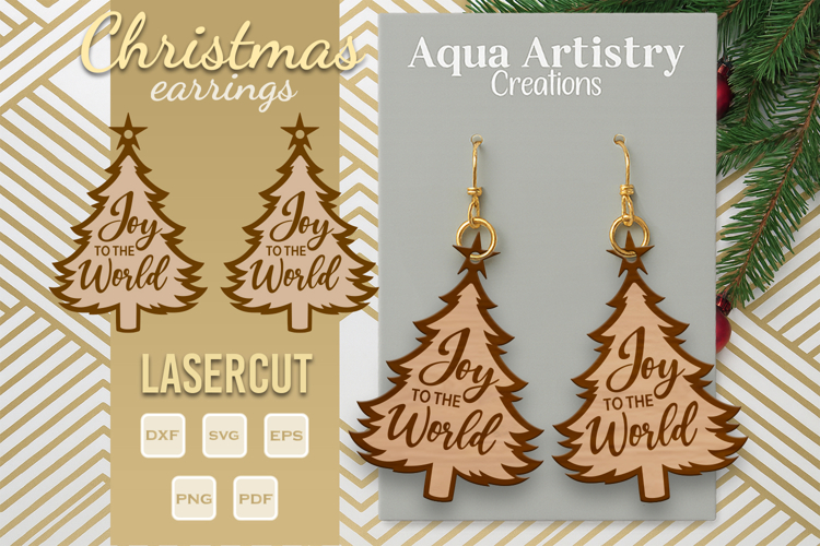 Joy to the World Christmas Tree Earrings Lasercut SVG example image 1