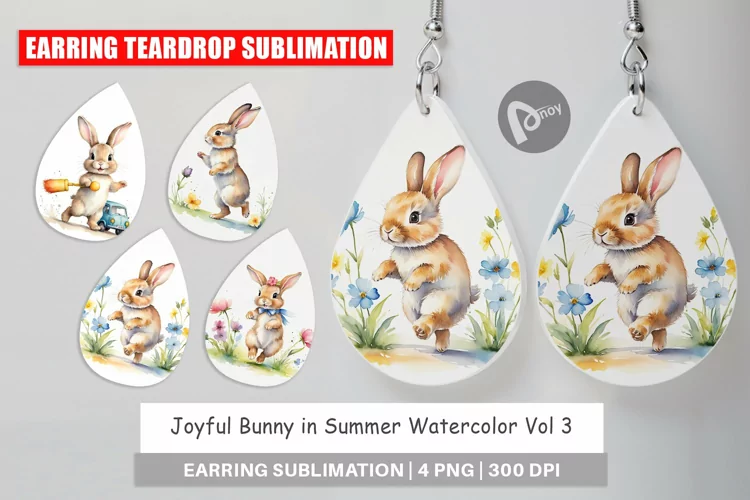Earring Teardrop Bunny in Summer Watercolor