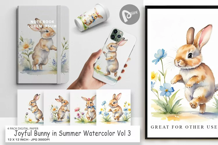 Digital Paper Bunny in Summer Watercolor