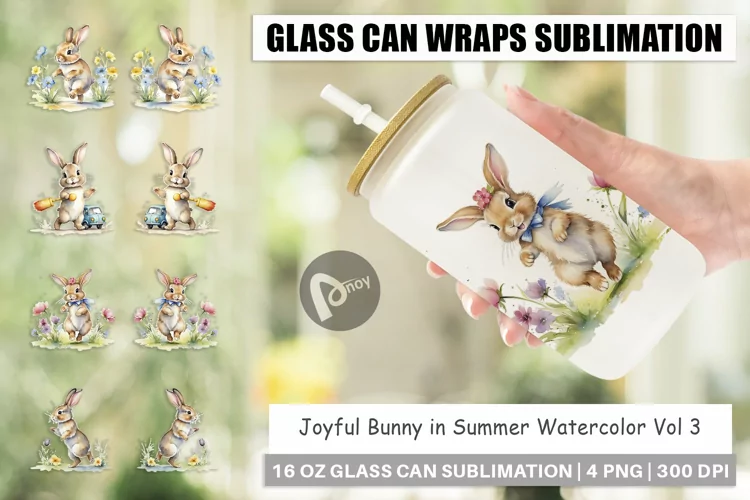 Glass Can Wraps Bunny in Summer Watercolor