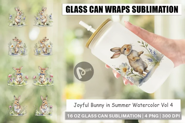 Glass Can Wraps Bunny in Summer Watercolor
