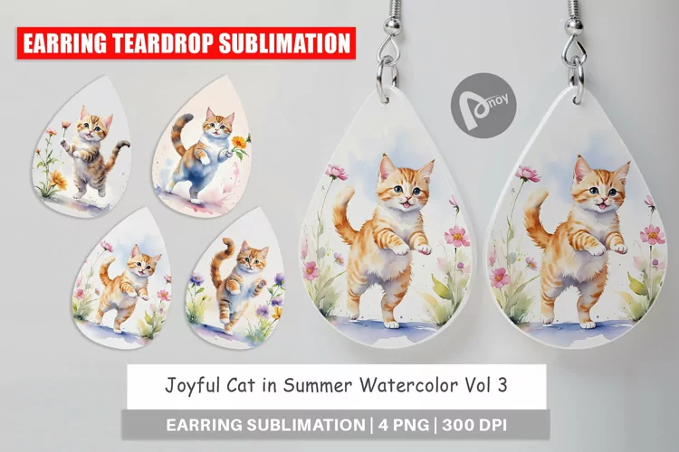 Earring Teardrop Cat in Summer Watercolor
