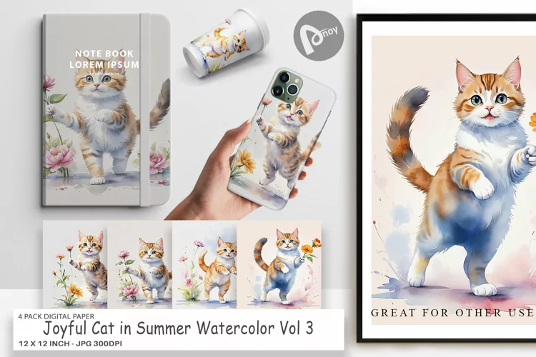 Digital Paper Cat in Summer Watercolor