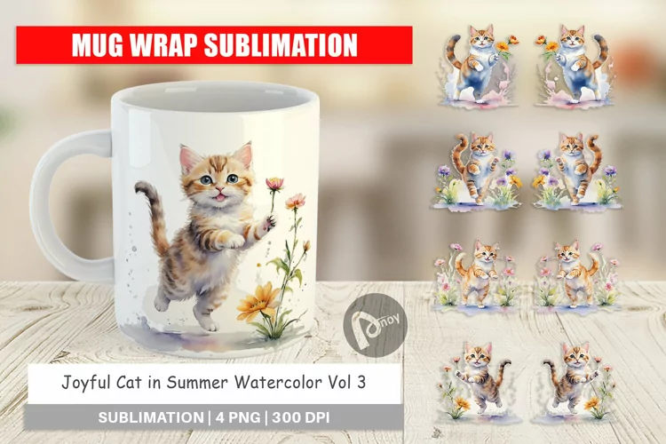 Mug Wrap Design Cat in Summer Watercolor