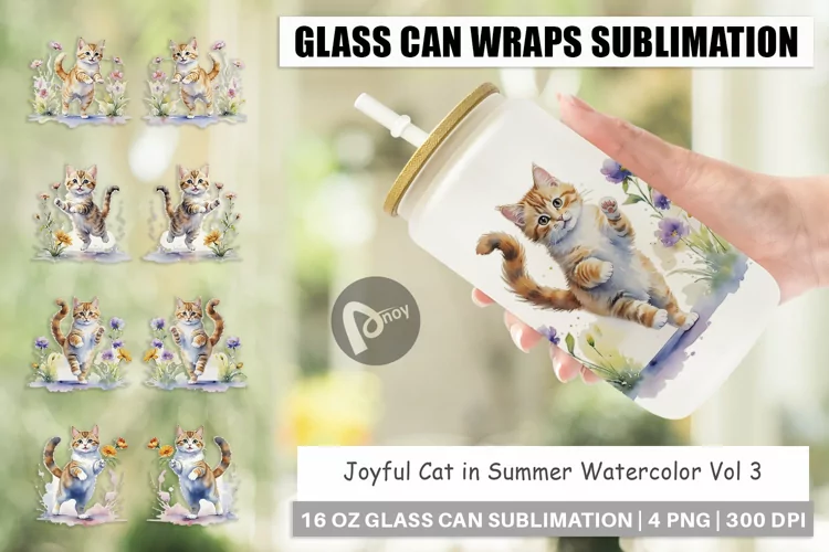 Glass Can Wraps Cat in Summer Watercolor
